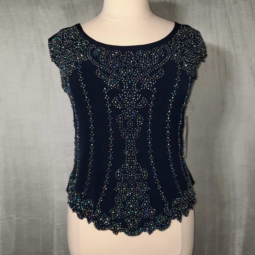 VTG‎ R K Evening Top Large Navy Multi Rhinestones Whimsigoth Fairy Y2K Glam NWT